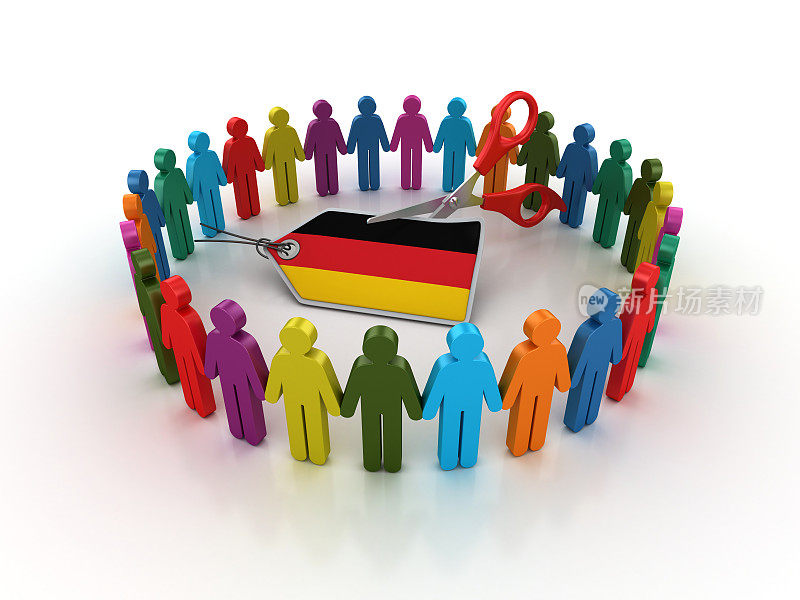 象形文字团队与德国国旗价格标签和剪刀- 3D渲染